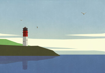 Seagulls flying around lighthouse and tranquil ocean

