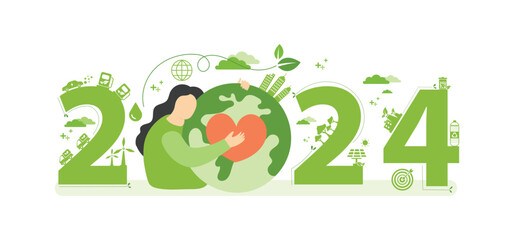 2024 New year, Eco friendly, Sustainability planning concept with globe and World environmental green doodle icons drawing set on white background ,Vector illustration.