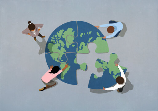 Global business people connecting earth jigsaw puzzle
