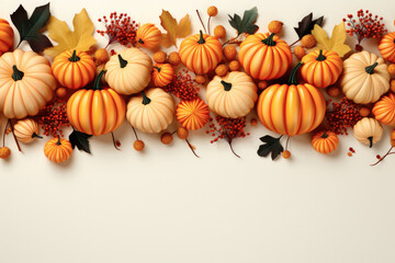 Flat lay Thanksgiving and Autumn decoration concept made from autumn leaves and pumpkin on white background