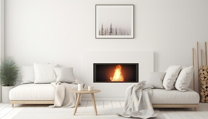Mockup Poster in a White, Modern Home Interior with Fireplace