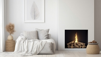 Mockup Poster in a White, Modern Home Interior with Fireplace
