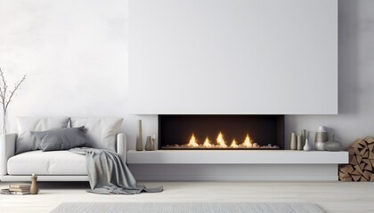 Mockup Poster in a White, Modern Home Interior with Fireplace