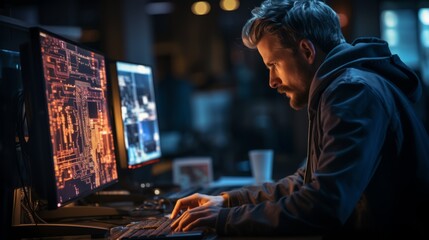 Fototapeta premium Junger Mann mit Bart sitzt in einem abgedunkelten und mysteriös ausgeleuchteten Raum vor einem Computer mit mehreren Monitoren und arbeitet