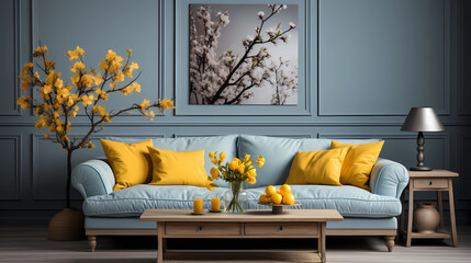 living room with two blue and yellow colors