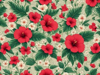 Fototapeta na wymiar Hibiscus Seamless Tropical flowers background Wallpaper. Generative AI