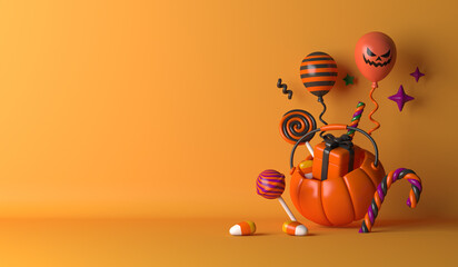 Happy Halloween decoration background with pumpkin basket lollipop candy, gift box, balloon, copy space text, 3d rendering illustration