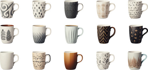 Set of mugs in different shapes on white background.  Generative AI