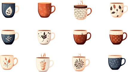 Set of mugs in different shapes on white background.  Generative AI