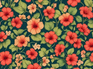 Zelfklevend Fotobehang Hibiscus Seamless Tropical flowers background Wallpaper. Generative AI © Creatively