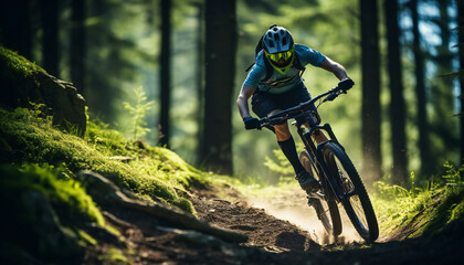 Woman Riding Mountain Bike in a Summer Forest