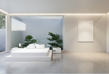 minimal interior of the bedroom with a white base tone. 3D illustration render