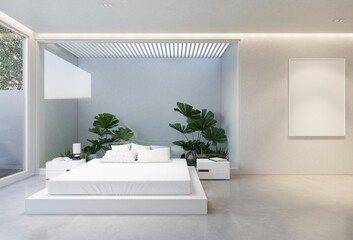 minimal interior of the bedroom with a white base tone. 3D illustration render