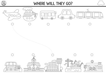 Transportation black and white matching activity with cute plane, bus, ship, train and places they go. City transport line puzzle. Match the objects game. Match up coloring page with vehicles.