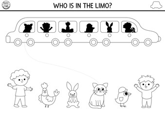 Transportation black and white shadow matching activity. Transport line puzzle with limousine car, passengers. Find correct silhouette printable worksheet. Funny coloring page for kids.