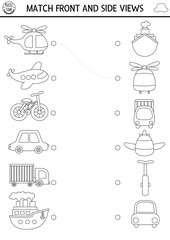 Transportation black and white matching activity with cute side and front view of helicopter, plane, car, truck, ship. City transport puzzle. Match objects game. Match up coloring page with vehicle.