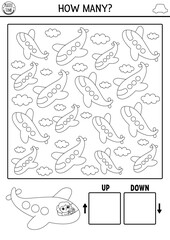 Transportation logic black and white game with up and down concept for kids. I spy searching, counting line activity with plane. Transport printable space orientation worksheet or coloring page.