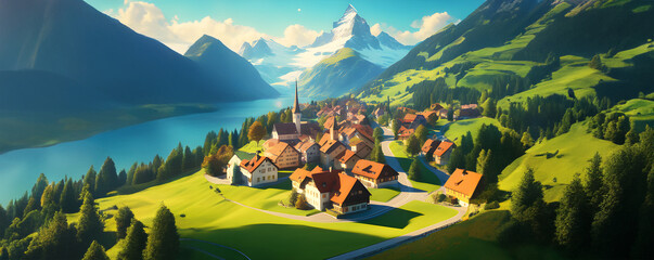Obrazy na Plexi  Switzerland Beautiful Landscape – Village in front of lake and mountain (Ai generative)