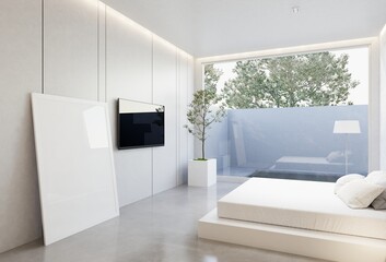 minimal interior of the bedroom with a white base tone. 3D illustration render