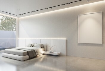 minimal interior of the bedroom with a white base tone. 3D illustration render