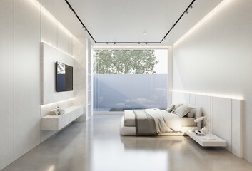 minimal interior of the bedroom with a white base tone. 3D illustration render