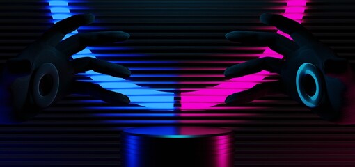 futuristic gaming esports background abstract wallpaper, cyberpunk style scifi game, stage concert scene in pedestal display room, led neon glow light, 3d illustration rendering