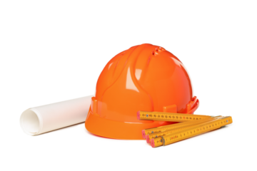 PNG, Helmet, ruler and drawing paper, isolated on white background