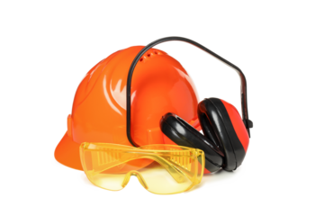 PNG, Noise canceling headphones, helmet and glasses, isolated on white background