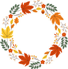 Hand-drawn yellow orange autumn circle wreath with branches leaves flora, Vector, Celebration decorate