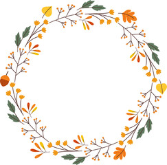 Hand-drawn yellow orange autumn circle wreath with branches leaves flora, Vector, Celebration decorate