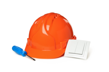 PNG, Helmet, socket and screwdriver, isolated on white background