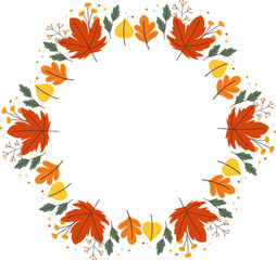 Hand-drawn yellow orange autumn circle wreath with branches leaves flora, Vector, Celebration decorate