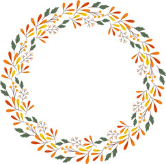 Fototapeta na wymiar Hand-drawn yellow orange autumn circle wreath with branches leaves flora, Vector, Celebration decorate