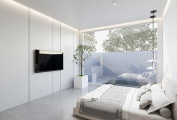 minimal interior of the bedroom with a white base tone. 3D illustration render