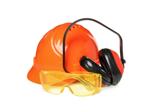 PNG, Noise canceling headphones, helmet and glasses, isolated on white background