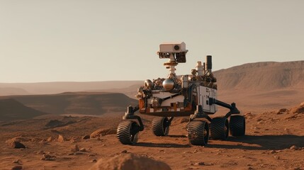 Fototapeta na wymiar Futuristic Mars rover exploring the surface of the planet Mars. Mars Colonization Concept.