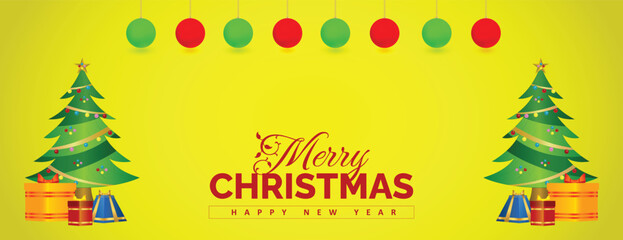 Shiny merry chrsitmas yellow colour background with glass ball new creative design