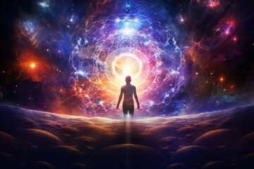 Fototapeta premium Spiritual meditation, cosmic energy, inner harmony, transcendental experience, healing concept.