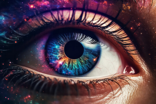 Surreal eye of universe. Galaxy vision. All-seeing eye, cosmic order, spiritual guidance concept.