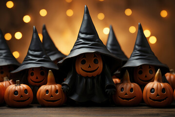 Cute funny pumpkins in witch costumes in Halloween