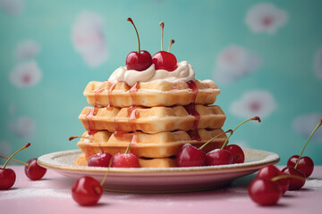 Cherry fruit waffles with cream on pastel blue colored background - obrazy, fototapety, plakaty