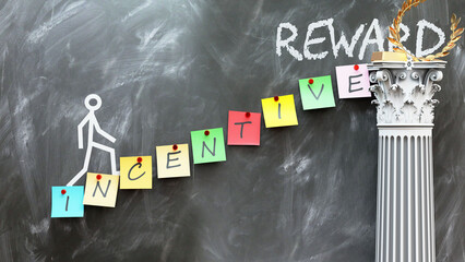 Incentive leads to Reward - a metaphor showing how incentive makes the way to reach desired reward. Symbolizes the importance of incentive and cause and effect relationship.,3d illustration