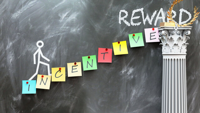 Incentive leads to Reward - a metaphor showing how incentive makes the way to reach desired reward. Symbolizes the importance of incentive and cause and effect relationship.,3d illustration