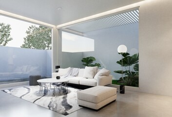 minimal interior of the living room with a white base tone. 3D illustration render