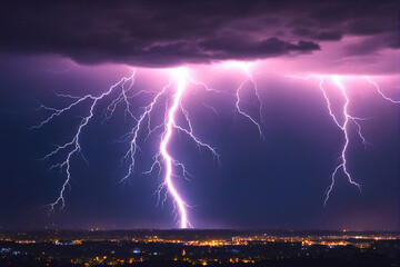 Naklejka na ściany i meble Lightning storm with huge electrical discharges on night sky, thunderstorm background.