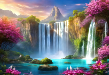 Paradise landscape with beautiful  gardens, waterfalls and flowers, magical idyllic  background, heavenly view with beautiful fantastic flowers and lush vegetation in Eden.