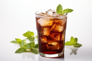 Fresh cola at the drink glass with mint and straw on white