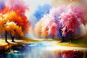 Watercolor landscape, multicolored forest, trees with colorful leaves, artistic vision of autumn splash art.