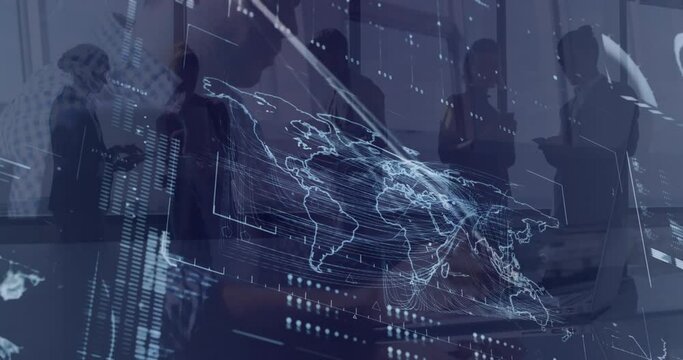 Animation of digital map and hud screen over diverse colleagues discussing with each other in office