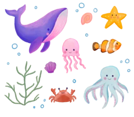 Fototapete Meeresleben Set of watercolor and gouache sea animals in ocean illustration. Cute, hand-painted design elements for stickers, birthday invitations, souvenirs, cards, and more 